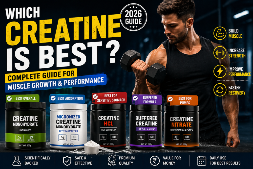 Which creatine is best infographic showing creatine monohydrate, micronized creatine, HCL, buffered creatine and nitrate for muscle growth and performance