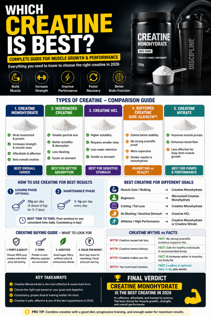 Which creatine is best infographic comparing creatine monohydrate, micronized creatine, HCL, buffered creatine and nitrate with benefits and usage guide