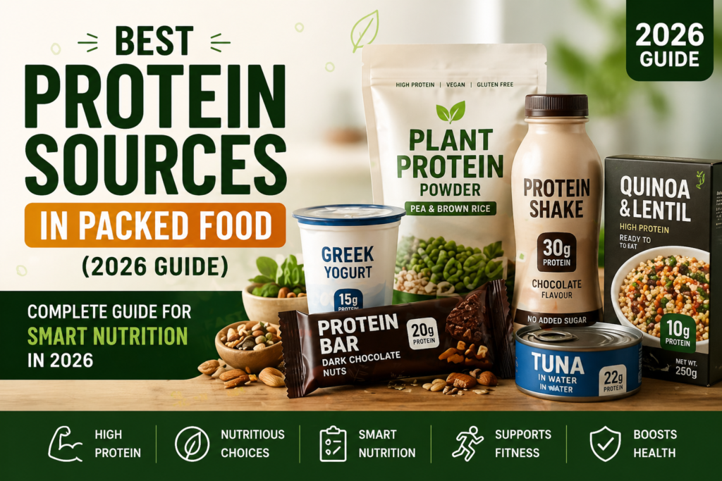 Best protein sources in packed food including protein bars, plant protein powder, Greek yogurt, tuna, and quinoa for healthy nutrition in 2026