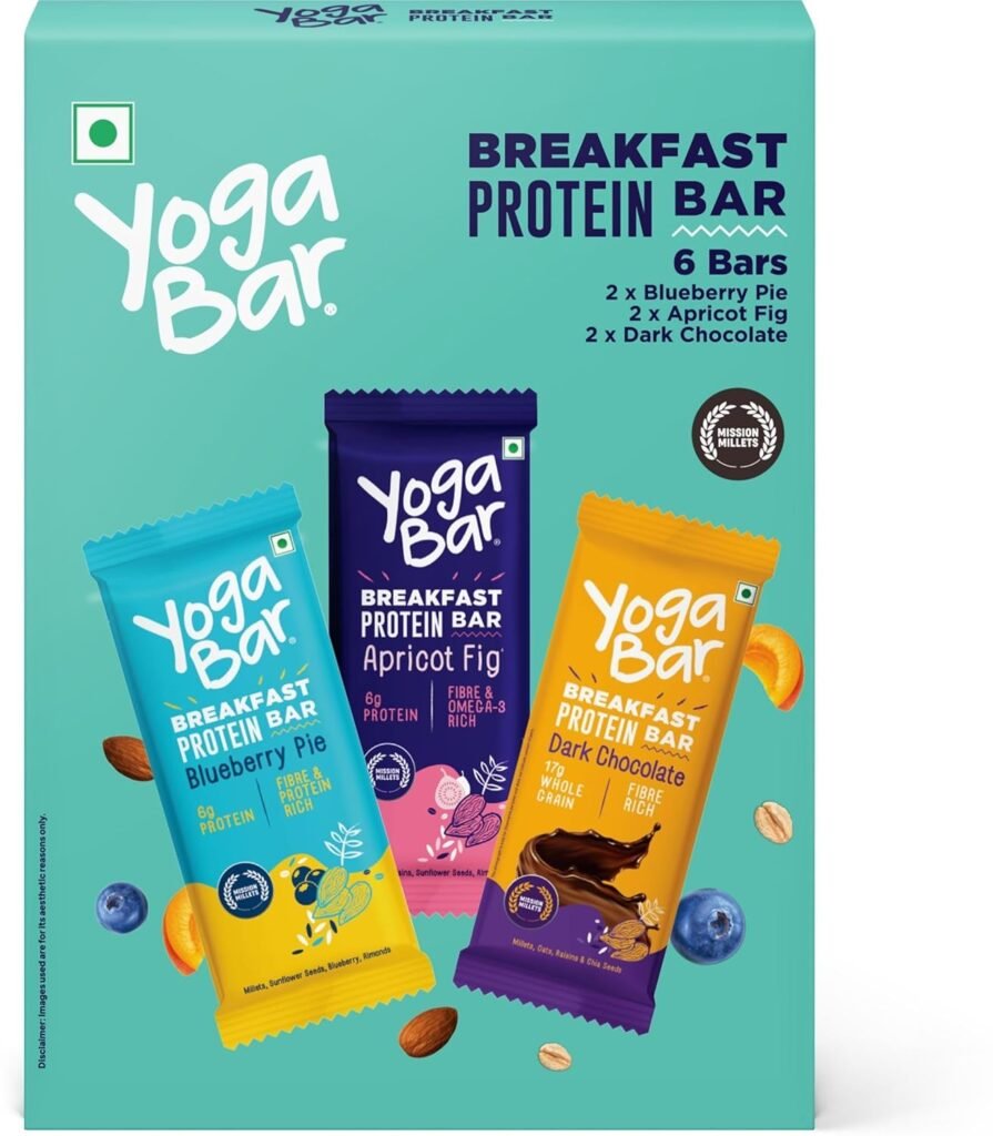 Yoga Bar breakfast protein bars pack with blueberry pie, apricot fig, and dark chocolate flavors, high protein healthy snack box