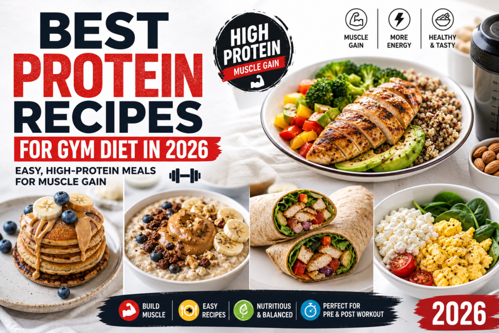 Best protein recipes for gym diet 2026 featuring high protein meals like chicken, oats, peanut butter pancakes, wraps and eggs for muscle gain