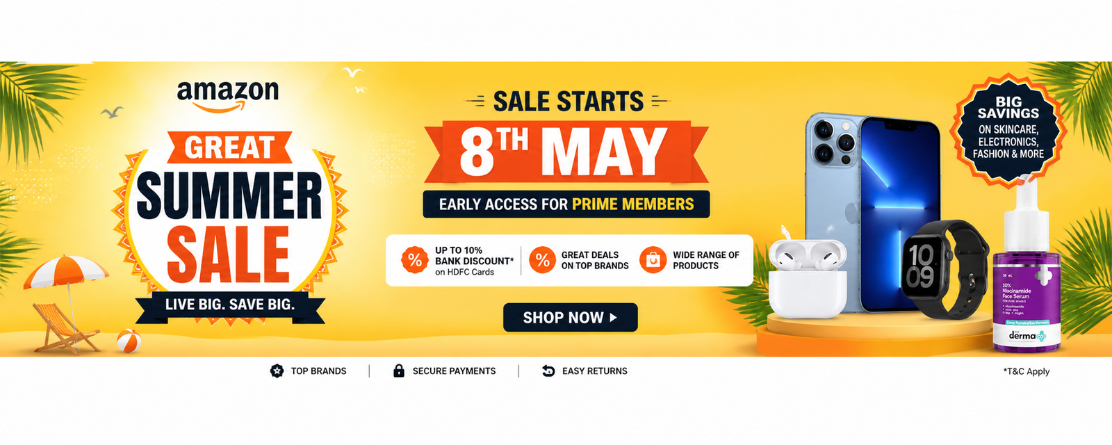 Amazon Great Summer Sale banner starting 8th May with early access for Prime members and discounts on electronics, fashion, and skincare
