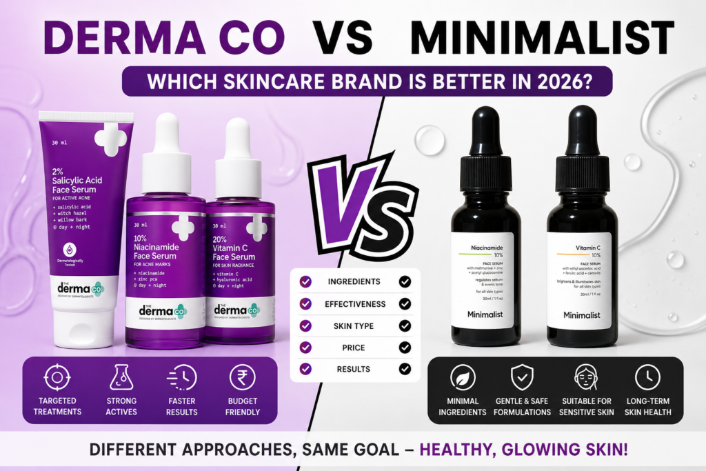 Derma Co vs Minimalist skincare comparison showing salicylic acid, niacinamide, and vitamin C serums side by side