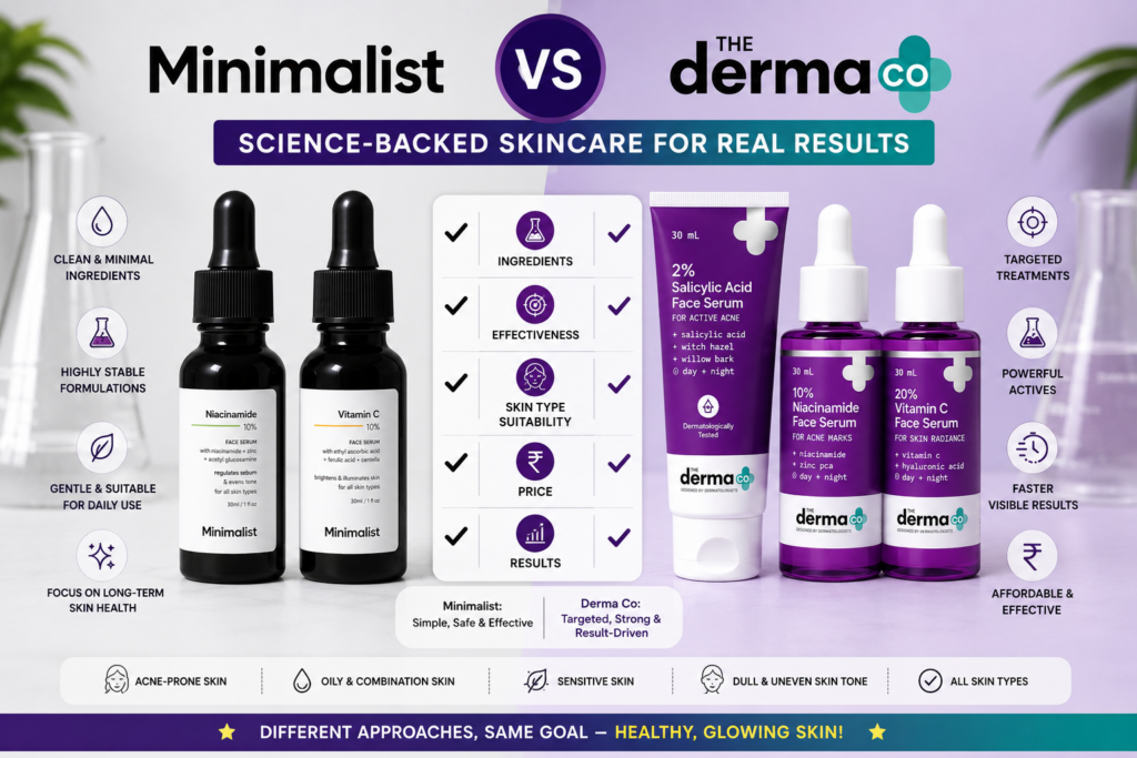 Minimalist vs Derma Co skincare comparison infographic showing niacinamide, vitamin C, and salicylic acid serums with features and benefits
