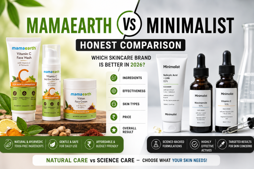 Derma Co vs Minimalist skincare comparison showing salicylic acid, niacinamide, and vitamin C serums side by side