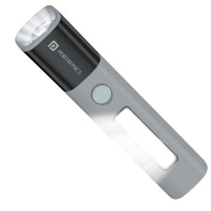 Portronics rechargeable LED flashlight torch with modern grey and black design and powerful front light