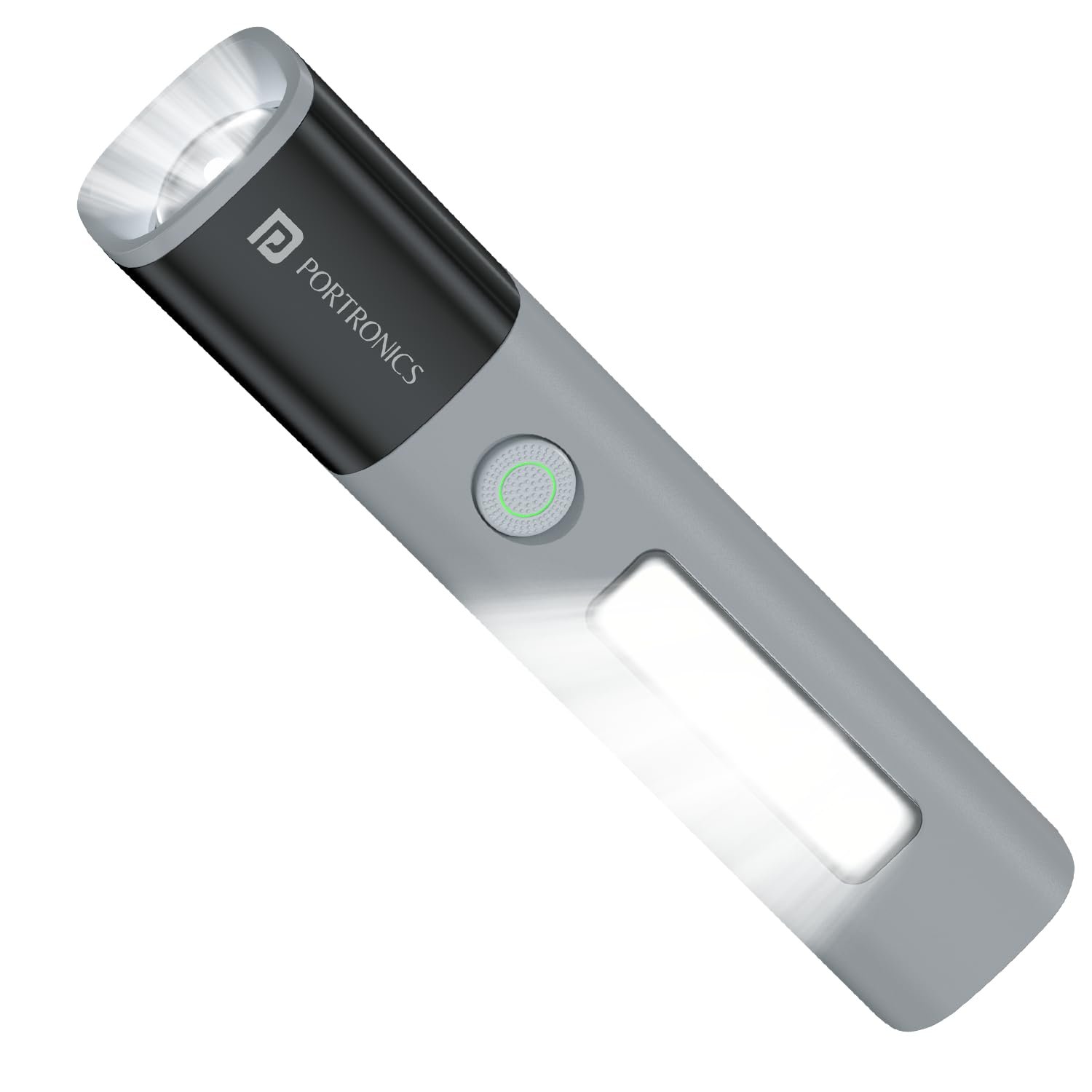 Portronics rechargeable LED flashlight torch with modern grey and black design and powerful front light