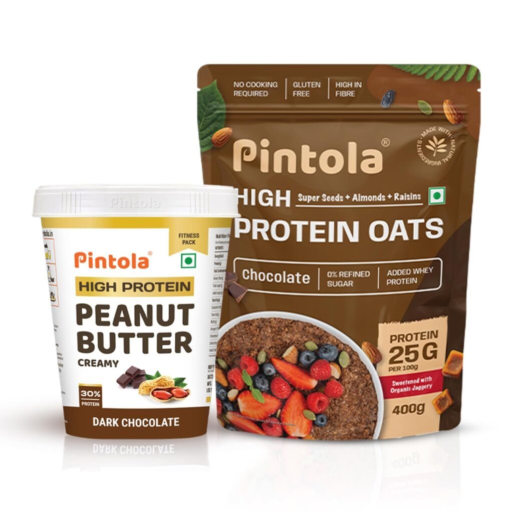High protein oats and peanut butter by Pintola, chocolate flavor, healthy fitness breakfast with super seeds, almonds, and raisins best protein recipes for gym diet