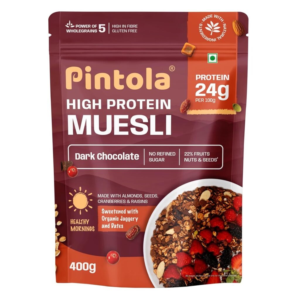 Pintola high protein muesli dark chocolate with 24g protein, no refined sugar, fruits nuts seeds healthy breakfast pack best protein recipes for gym diet