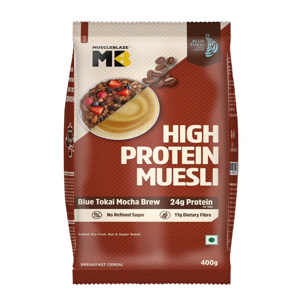 MuscleBlaze high protein muesli Blue Tokai mocha brew flavor with 24g protein, no refined sugar, high fiber breakfast cereal