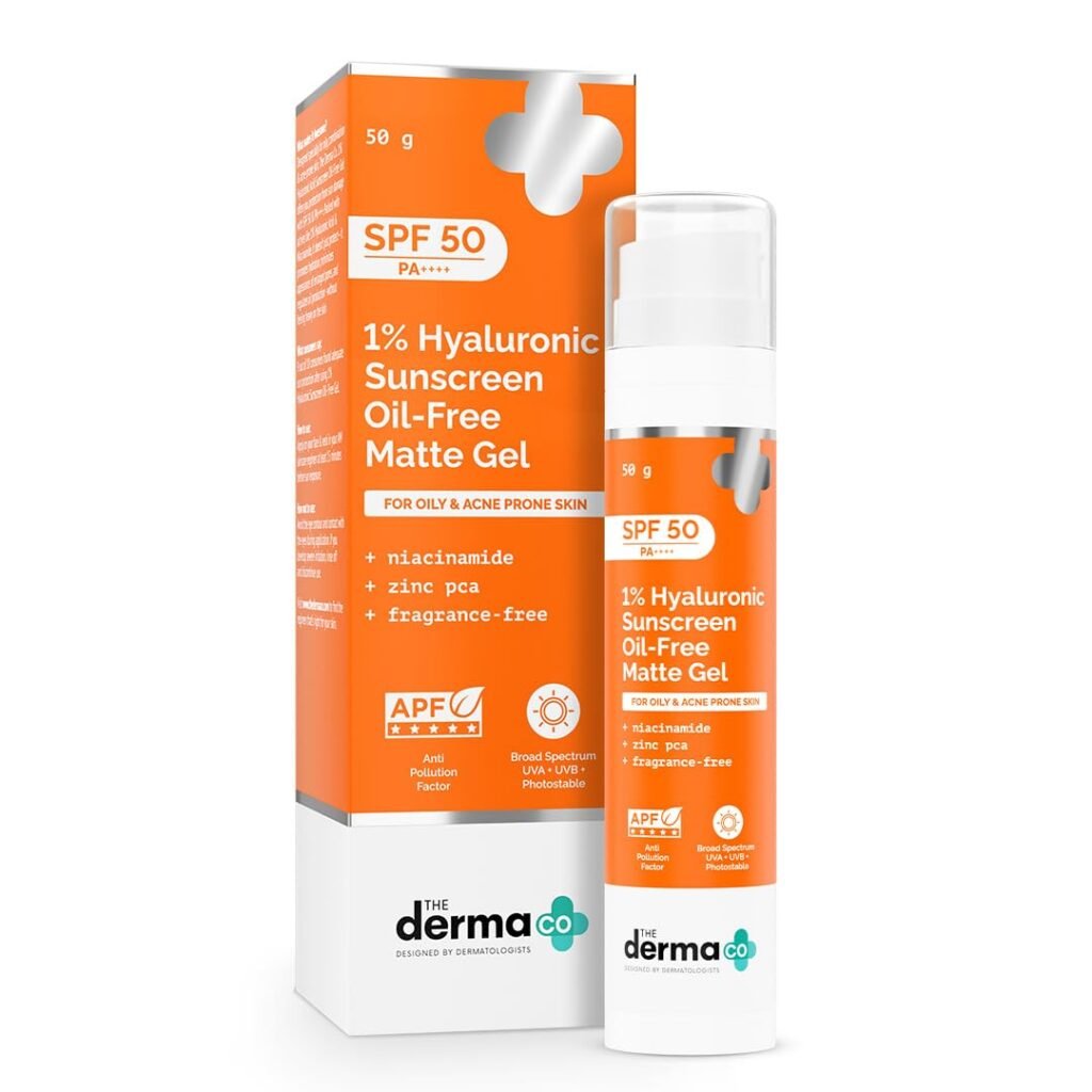 derma co 1 percent hyaluronic sunscreen spf 50 oil free matte gel for oily and acne prone skin