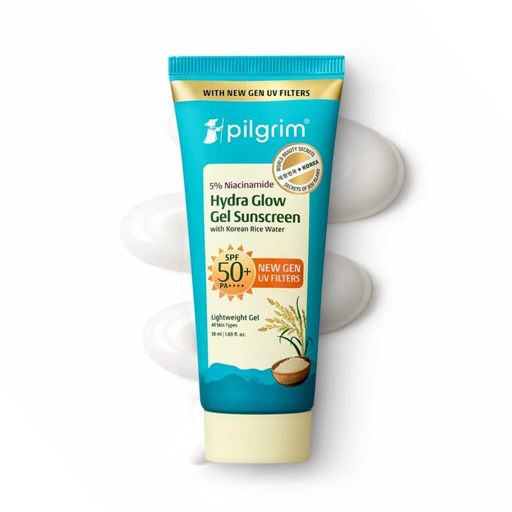 pilgrim hydra glow gel sunscreen spf 50 pa++++ with niacinamide and korean rice water lightweight gel